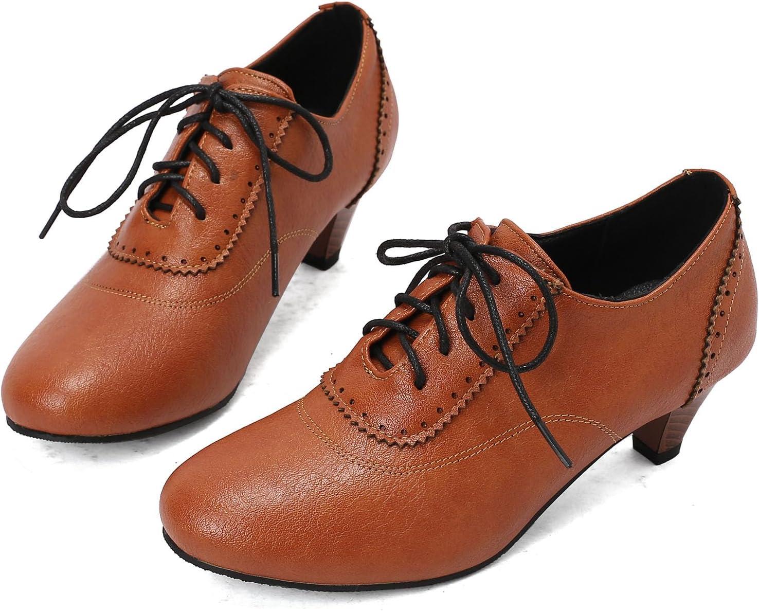 imageSHEMEE Vintage Kitten Heels Oxford Pumps for Women Stacked Cone Heel Victorian Witch Shoes LaceUp Brogues Work Office ShoeYellow 502