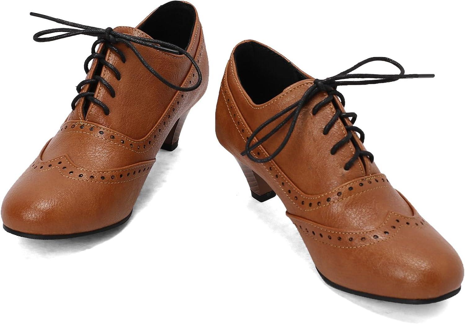 imageSHEMEE Vintage Kitten Heels Oxford Pumps for Women Stacked Cone Heel Victorian Witch Shoes LaceUp Brogues Work Office ShoeYellow 503