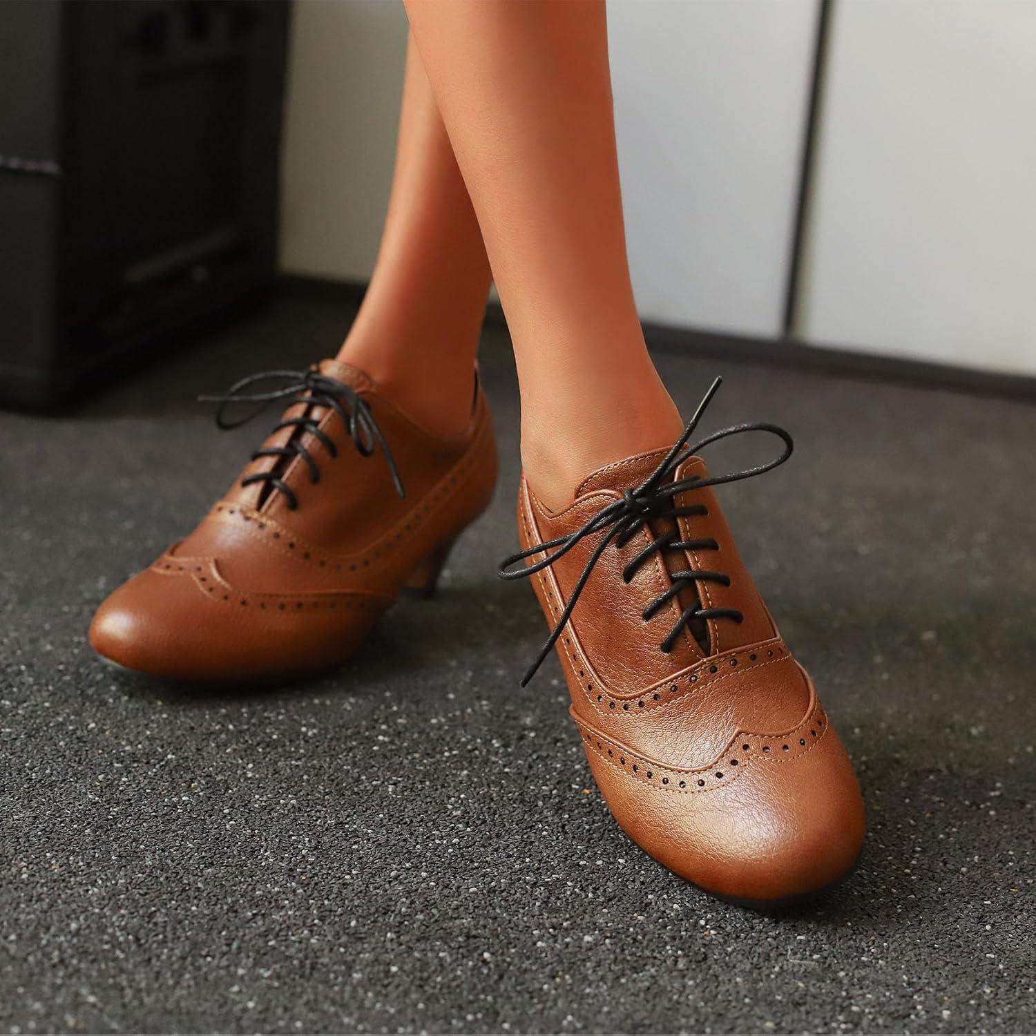 imageSHEMEE Vintage Kitten Heels Oxford Pumps for Women Stacked Cone Heel Victorian Witch Shoes LaceUp Brogues Work Office ShoeYellow 503