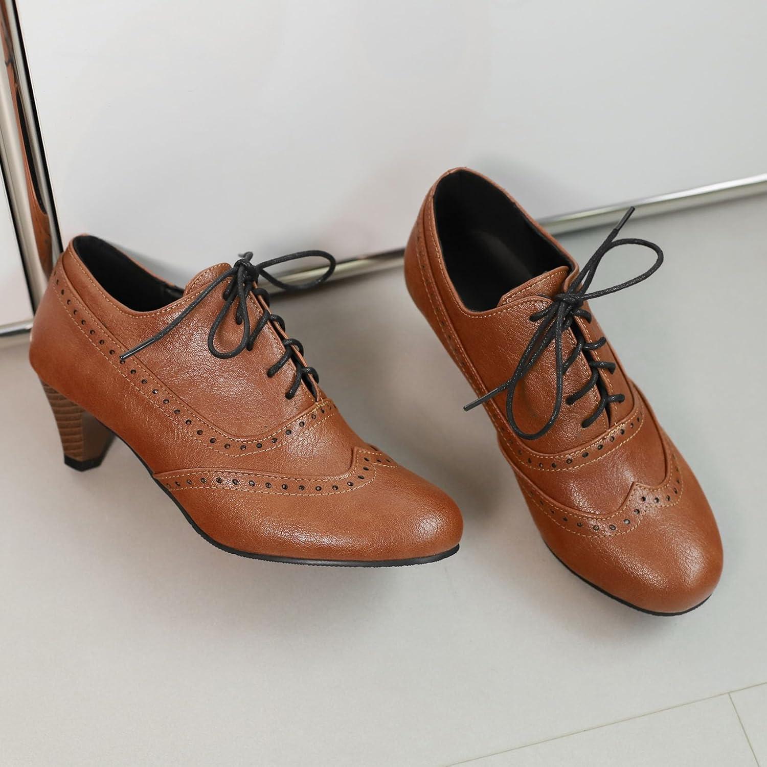 imageSHEMEE Vintage Kitten Heels Oxford Pumps for Women Stacked Cone Heel Victorian Witch Shoes LaceUp Brogues Work Office ShoeYellow 503