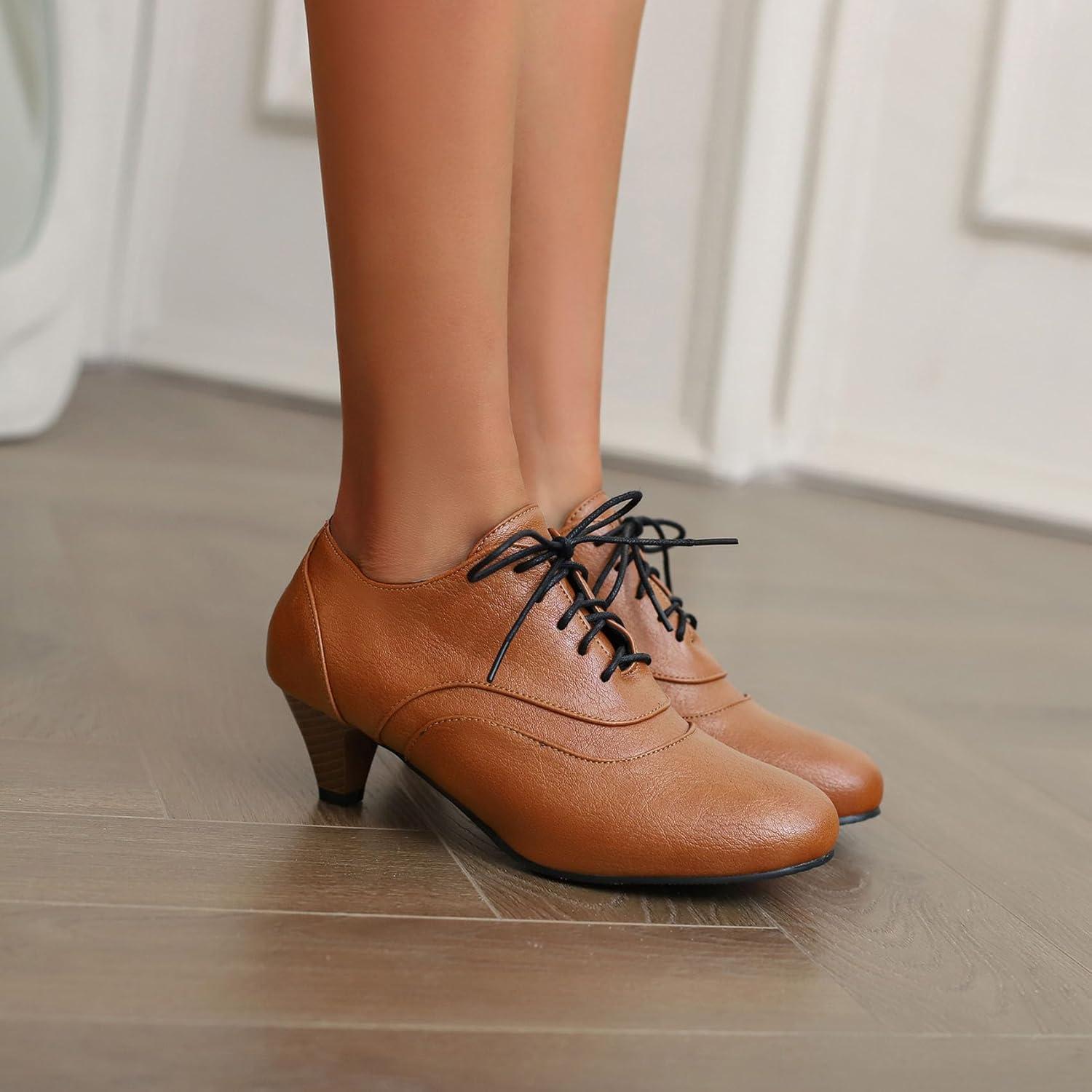 imageSHEMEE Vintage Kitten Heels Oxford Pumps for Women Stacked Cone Heel Victorian Witch Shoes LaceUp Brogues Work Office ShoeYellow 504