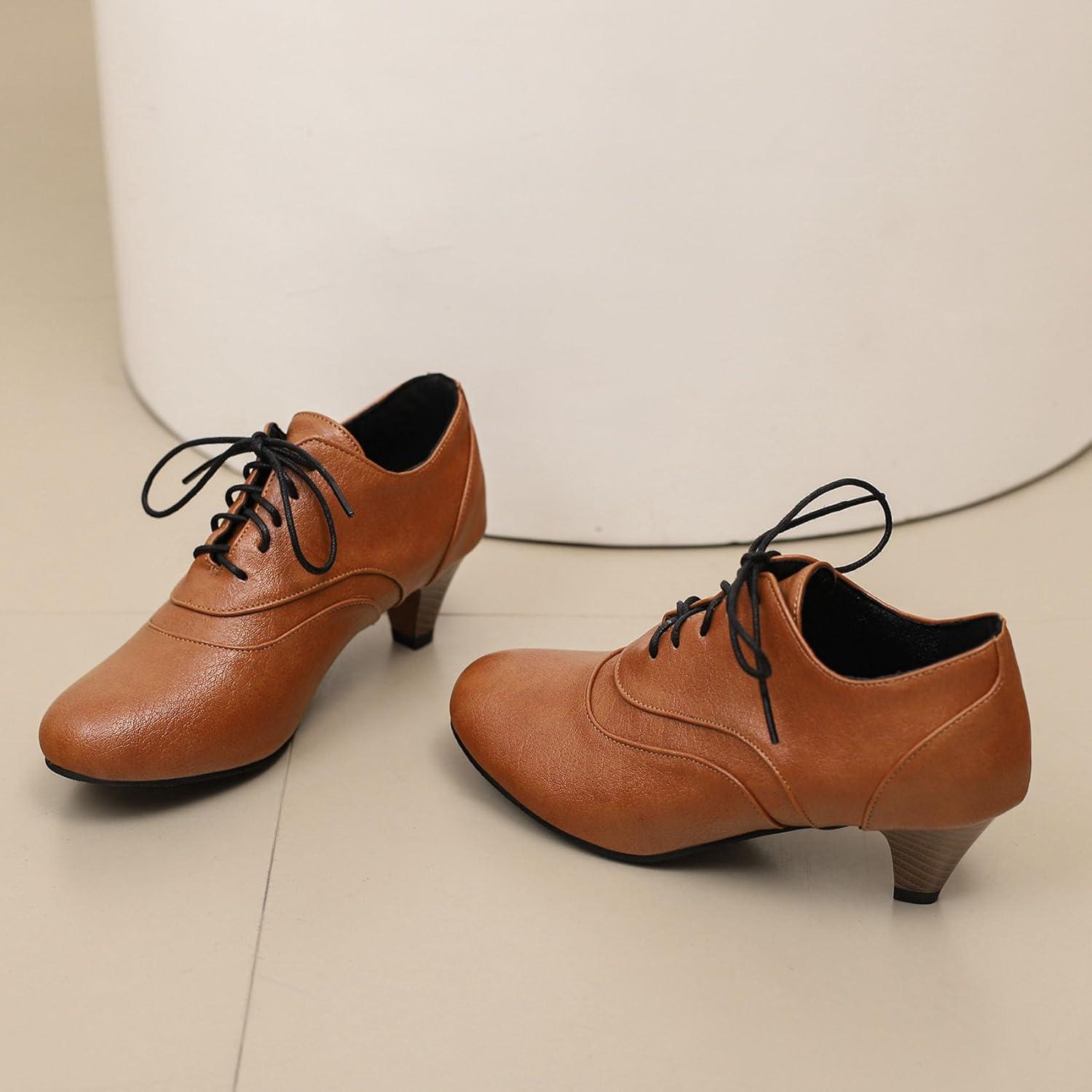 imageSHEMEE Vintage Kitten Heels Oxford Pumps for Women Stacked Cone Heel Victorian Witch Shoes LaceUp Brogues Work Office ShoeYellow 504