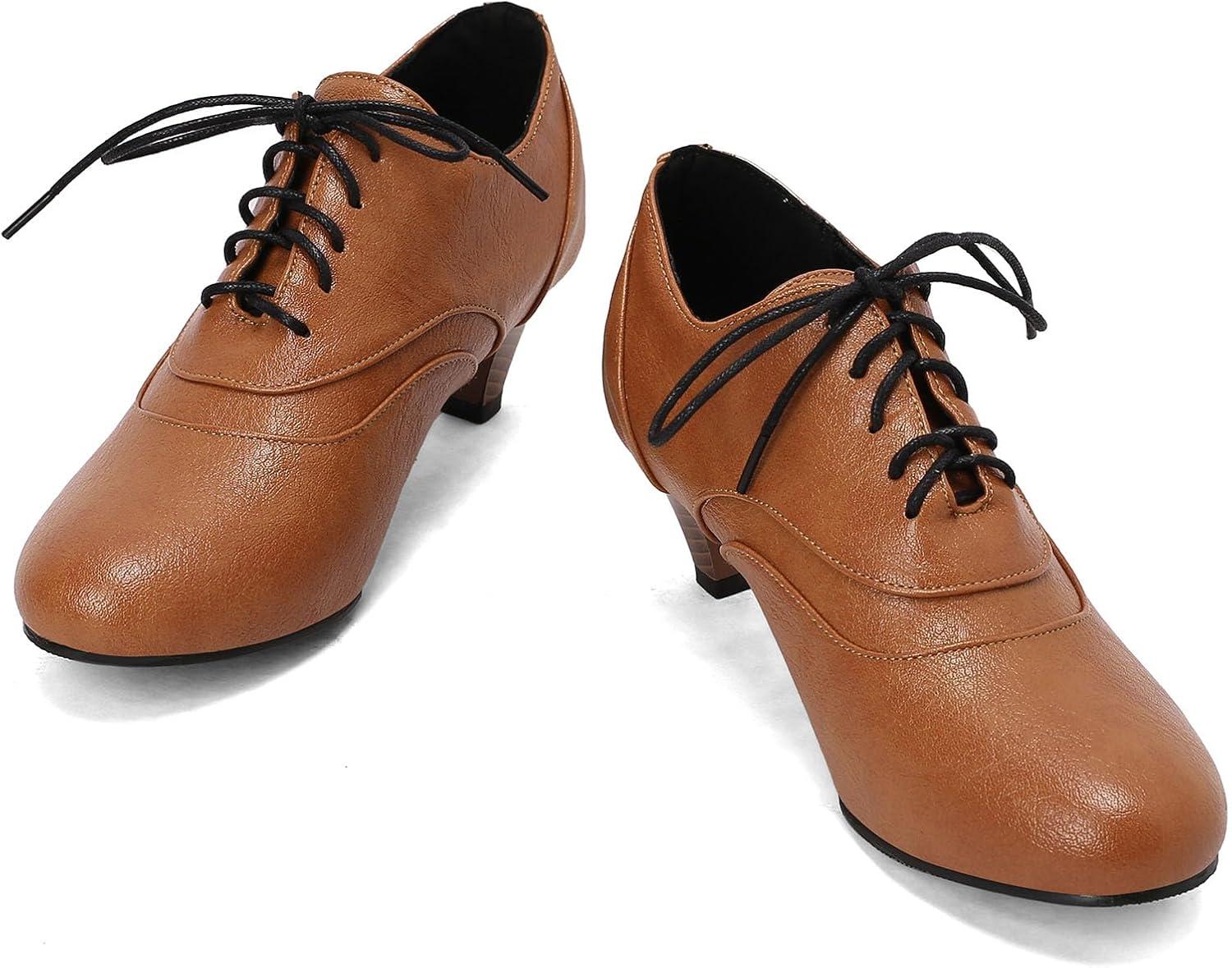 imageSHEMEE Vintage Kitten Heels Oxford Pumps for Women Stacked Cone Heel Victorian Witch Shoes LaceUp Brogues Work Office ShoeYellow 504