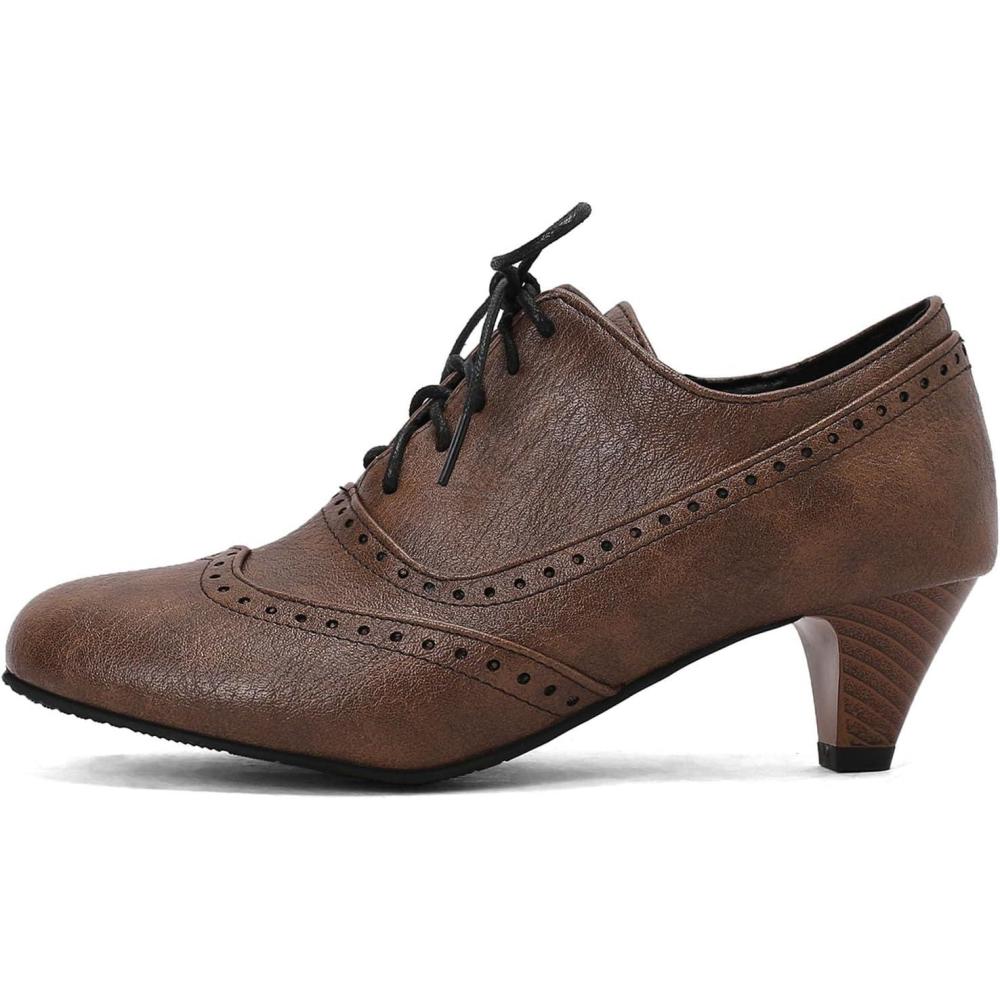 imageSHEMEE Vintage Kitten Heels Oxford Pumps for Women Stacked Cone Heel Victorian Witch Shoes LaceUp Brogues Work Office ShoeDark Brown 503