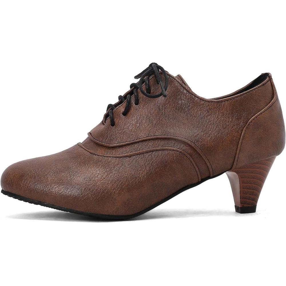 imageSHEMEE Vintage Kitten Heels Oxford Pumps for Women Stacked Cone Heel Victorian Witch Shoes LaceUp Brogues Work Office ShoeDark Brown 504