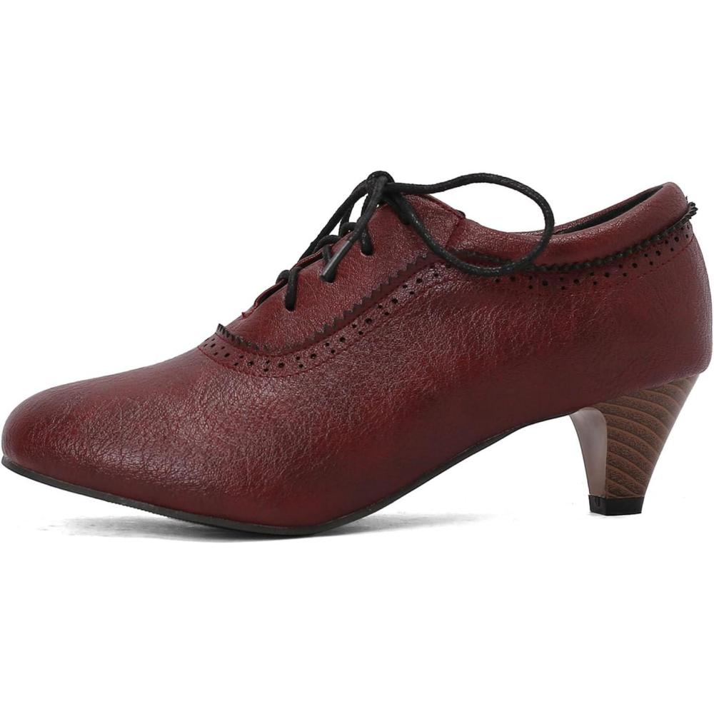 imageSHEMEE Vintage Kitten Heels Oxford Pumps for Women Stacked Cone Heel Victorian Witch Shoes LaceUp Brogues Work Office ShoeRed 501