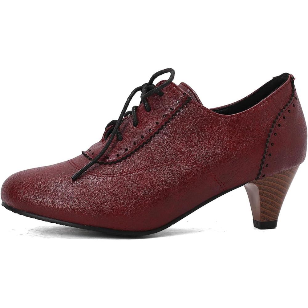 imageSHEMEE Vintage Kitten Heels Oxford Pumps for Women Stacked Cone Heel Victorian Witch Shoes LaceUp Brogues Work Office ShoeRed 502