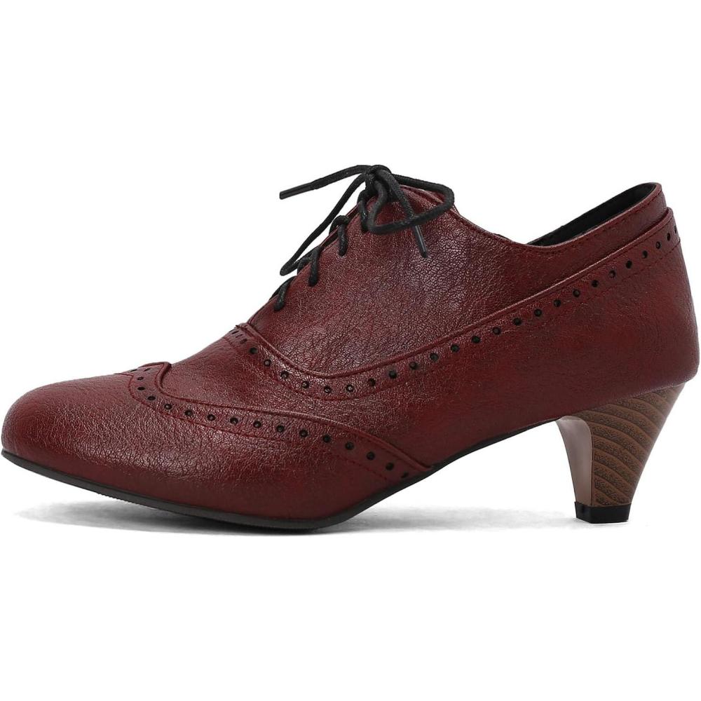 imageSHEMEE Vintage Kitten Heels Oxford Pumps for Women Stacked Cone Heel Victorian Witch Shoes LaceUp Brogues Work Office ShoeRed 503