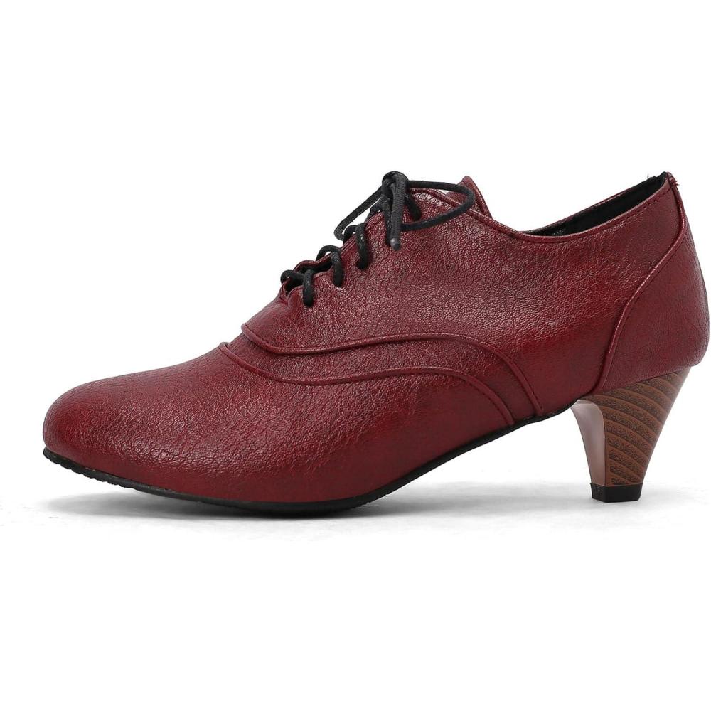 imageSHEMEE Vintage Kitten Heels Oxford Pumps for Women Stacked Cone Heel Victorian Witch Shoes LaceUp Brogues Work Office ShoeRed 504