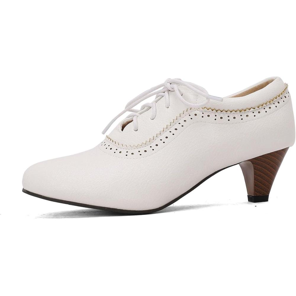 imageSHEMEE Vintage Kitten Heels Oxford Pumps for Women Stacked Cone Heel Victorian Witch Shoes LaceUp Brogues Work Office ShoeWhite 501