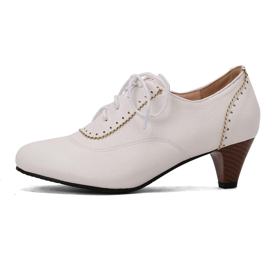 imageSHEMEE Vintage Kitten Heels Oxford Pumps for Women Stacked Cone Heel Victorian Witch Shoes LaceUp Brogues Work Office ShoeWhite 502