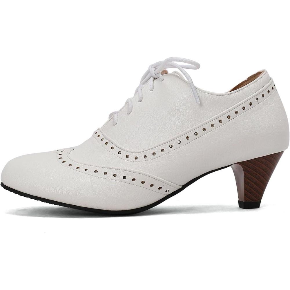imageSHEMEE Vintage Kitten Heels Oxford Pumps for Women Stacked Cone Heel Victorian Witch Shoes LaceUp Brogues Work Office ShoeWhite 503