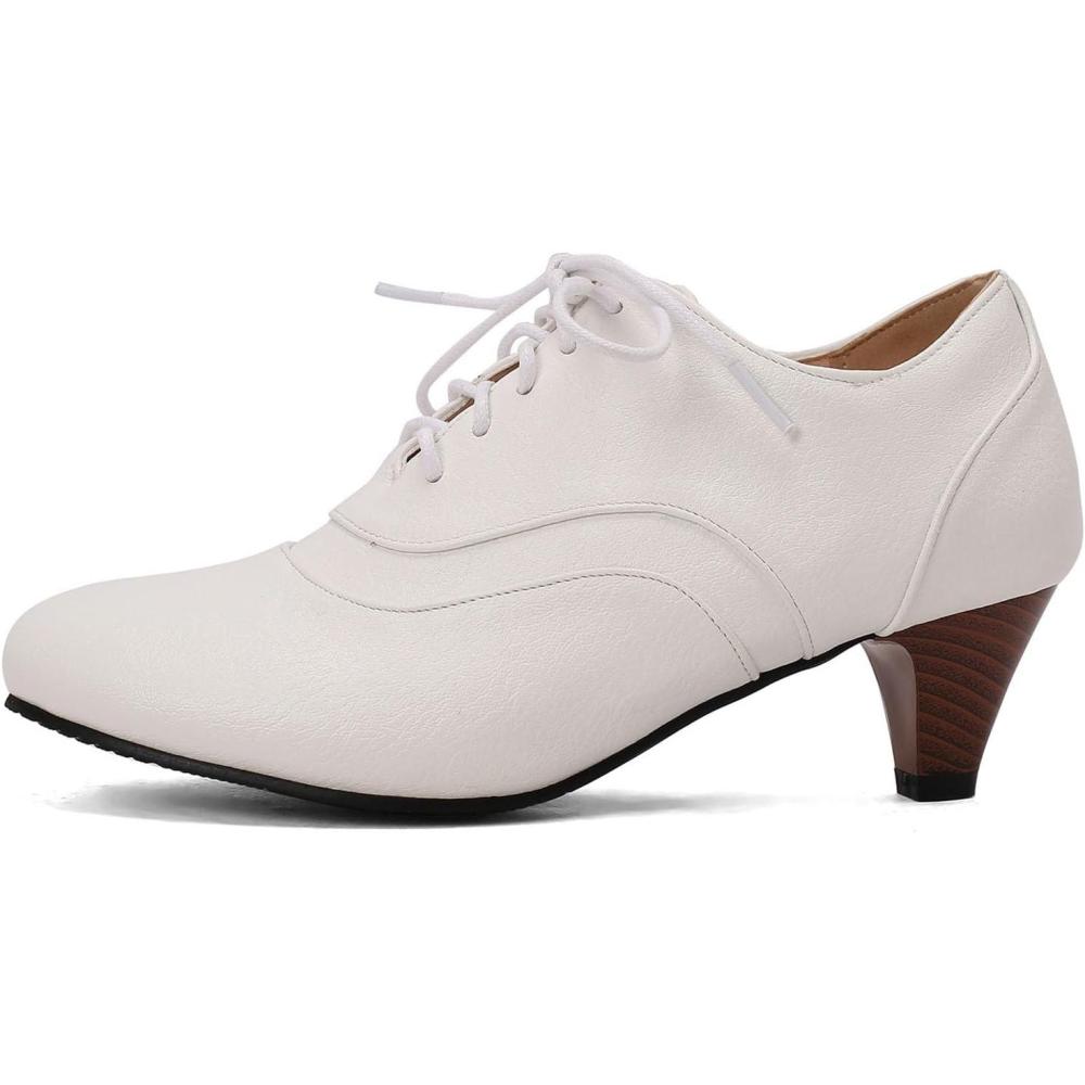 imageSHEMEE Vintage Kitten Heels Oxford Pumps for Women Stacked Cone Heel Victorian Witch Shoes LaceUp Brogues Work Office ShoeWhite 504