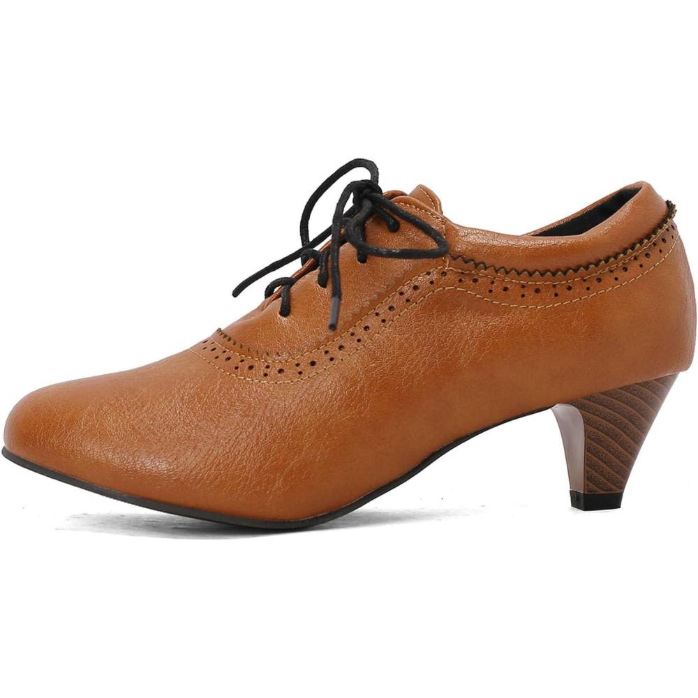 imageSHEMEE Vintage Kitten Heels Oxford Pumps for Women Stacked Cone Heel Victorian Witch Shoes LaceUp Brogues Work Office ShoeYellow 501