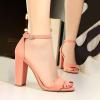 imageSHEMEE Womens Round Toe Chunky High Heel Pump Sandals Ankle Strap Buckle Block Heeled Summer ShoesPink