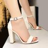 imageSHEMEE Womens Round Toe Chunky High Heel Pump Sandals Ankle Strap Buckle Block Heeled Summer ShoesWhite