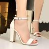 imageSHEMEE Womens Round Toe Chunky High Heel Pump Sandals Ankle Strap Buckle Block Heeled Summer ShoesWhite