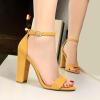 imageSHEMEE Womens Round Toe Chunky High Heel Pump Sandals Ankle Strap Buckle Block Heeled Summer ShoesYellow