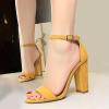 imageSHEMEE Womens Round Toe Chunky High Heel Pump Sandals Ankle Strap Buckle Block Heeled Summer ShoesYellow