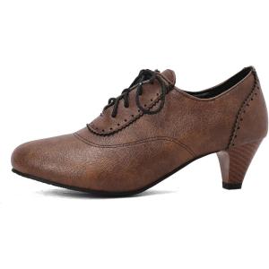 imageSHEMEE Vintage Kitten Heels Oxford Pumps for Women Stacked Cone Heel Victorian Witch Shoes LaceUp Brogues Work Office ShoeDark Brown 502