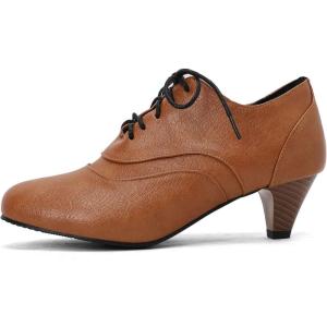 imageSHEMEE Vintage Kitten Heels Oxford Pumps for Women Stacked Cone Heel Victorian Witch Shoes LaceUp Brogues Work Office ShoeYellow 504