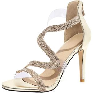 imageSHEMEE Womens Open Toe Sparkly Rhinestone High Heeled Sandals Shoes Summer Stiletto Heels Clear Transparent Strappy SandaliasGold