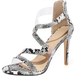 imageSHEMEE Womens Open Toe Sparkly Rhinestone High Heeled Sandals Shoes Summer Stiletto Heels Clear Transparent Strappy SandaliasSnakeskin