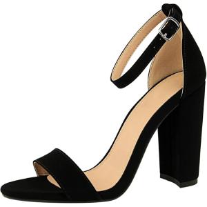 imageSHEMEE Womens Round Toe Chunky High Heel Pump Sandals Ankle Strap Buckle Block Heeled Summer ShoesBlack
