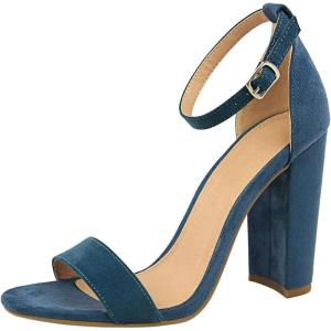 imageSHEMEE Womens Round Toe Chunky High Heel Pump Sandals Ankle Strap Buckle Block Heeled Summer ShoesNavyblue