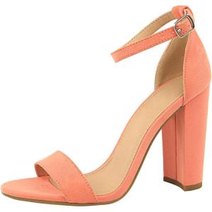 imageSHEMEE Womens Round Toe Chunky High Heel Pump Sandals Ankle Strap Buckle Block Heeled Summer ShoesPink