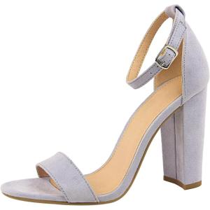 imageSHEMEE Womens Round Toe Chunky High Heel Pump Sandals Ankle Strap Buckle Block Heeled Summer ShoesPurple