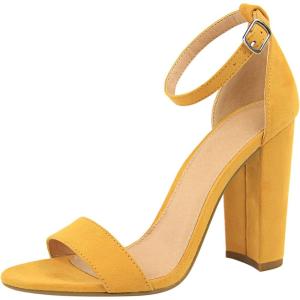 imageSHEMEE Womens Round Toe Chunky High Heel Pump Sandals Ankle Strap Buckle Block Heeled Summer ShoesYellow