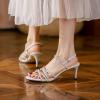 imageSHEMEE Womens Glitter Rhinestone Sparkly Kitten Heel Sandals Ankle Strap Buckle Strappy Summer ShoesBeige