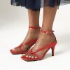 imageSHEMEE Womens Square Toe Kitten Heel Thong Sandals Stiletto Ankle Strap Buckle Thin High Heeled Summer ShoesRed