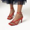 imageSHEMEE Womens Square Toe Kitten Heel Thong Sandals Stiletto Ankle Strap Buckle Thin High Heeled Summer ShoesRed