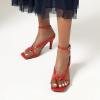 imageSHEMEE Womens Square Toe Kitten Heel Thong Sandals Stiletto Ankle Strap Buckle Thin High Heeled Summer ShoesRed