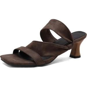 imageSHEMEE Strappy Heels for Women Square Open Toe Kitten Heels Slide Sandals Heeled Casual Cutout SlipOn ShoesDark Brown