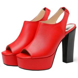 imageSHEMEE Womens Peep Toe Chunky Heeled Platform Sandals Shoes Summer Square Opentoe Block High Heels Slingback Elastic Back SandaliasRed
