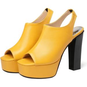 imageSHEMEE Womens Peep Toe Chunky Heeled Platform Sandals Shoes Summer Square Opentoe Block High Heels Slingback Elastic Back SandaliasYellow