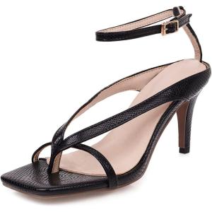 imageSHEMEE Womens Square Toe Kitten Heel Thong Sandals Stiletto Ankle Strap Buckle Thin High Heeled Summer ShoesBlack