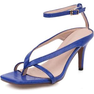 imageSHEMEE Womens Square Toe Kitten Heel Thong Sandals Stiletto Ankle Strap Buckle Thin High Heeled Summer ShoesBlue