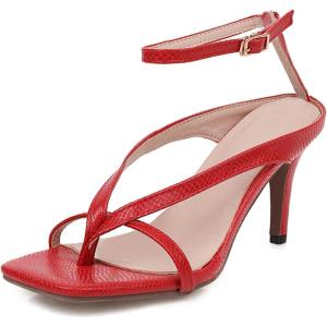 imageSHEMEE Womens Square Toe Kitten Heel Thong Sandals Stiletto Ankle Strap Buckle Thin High Heeled Summer ShoesRed