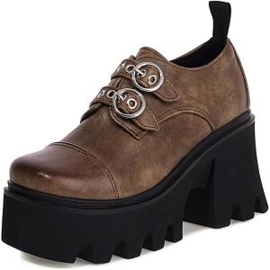 imageSHEMEE Womens Vintage Platform Shoes Chunky Heeled Mary Jane Pumps Square Toe Block High Heels Gothic Shoes with BuckleBrown