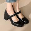 imageSHEMEE Womens Chunky High Heels Mary Janes Leather Pumps Ankle Strap Buckle Block Heeled Dress ShoesBlack