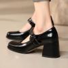 imageSHEMEE Womens Chunky High Heels Mary Janes Leather Pumps Ankle Strap Buckle Block Heeled Dress ShoesBlack