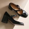 imageSHEMEE Womens Chunky High Heels Mary Janes Leather Pumps Ankle Strap Buckle Block Heeled Dress ShoesBlack
