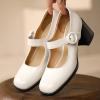 imageSHEMEE Womens Chunky High Heels Mary Janes Leather Pumps Ankle Strap Buckle Block Heeled Dress ShoesWhite