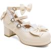 imageSHEMEE Womens Kawaii Sweet Bow Cosplay Dress Shoes Chunky Platform Mid Block Heels Buckle Ankle Strap Mary Jane PumpsBeige