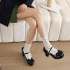 imageSHEMEE Womens Kawaii Sweet Bow Cosplay Dress Shoes Chunky Platform Mid Block Heels Buckle Ankle Strap Mary Jane PumpsPatent Black