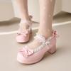 imageSHEMEE Womens Kawaii Sweet Bow Cosplay Dress Shoes Chunky Platform Mid Block Heels Buckle Ankle Strap Mary Jane PumpsPatent Pink